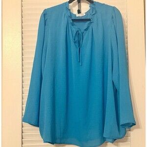 Calvin Klein Women’s Teal Blue Ruffle-Trim Tie-Neck 3/4 Sleeve Boho Blouse 3XL
